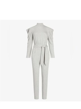 Express Light Gray Mock Neck Jumpsuit with Self-Tie Belt